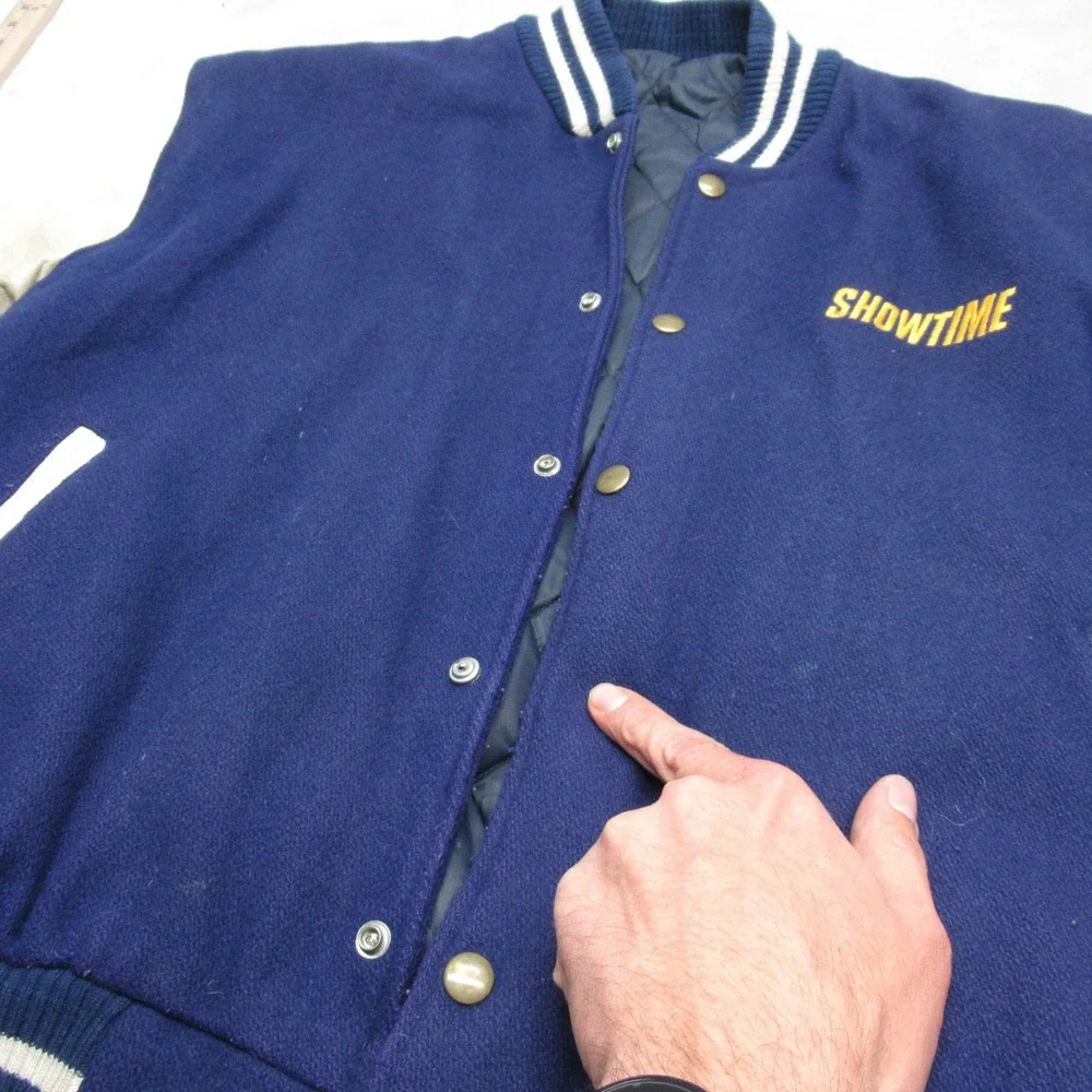 Vintage Showtime Boxing Leather Jacket Mens Medium Blue Quilted USA Thrashed‎